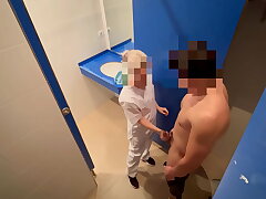 I surprise the gym cleaning girl who when she enters to clean the toilet she catches me jerking off and helps me finish cumming with a blowjob