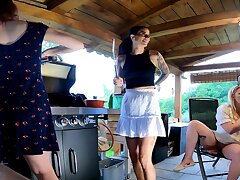 Steamy and nasty Leon Lambert Women without underwear have a BBQ Soiree Outdoors within Short Micro-skirt Summer Sundress