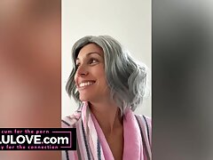 Big mounds babe striptease bare mirror selfie, gray hair GILF wig, vocal warmups, closeup pussy before after fucky-fucky - Lelu Enjoy