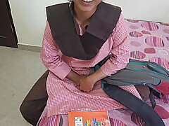 Sizzling indian desi schoolgirl was painfull humping with teacher in coching bedroom on dogy style and talk to Hindi audio