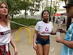 Ambling with ladies on leashes in downtown Sao Paulo / Women on leashes in street exhibitionism / hotties on leashes on the street
