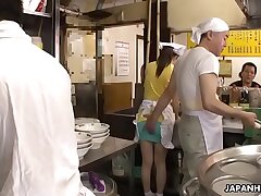 Cool Japanese waitress Asuka gets gangbanged and creampied in public