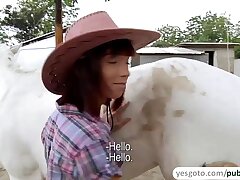 Super-fucking-hot and fabulous fledgling cowgirl rides trunk for currency in an outdoor intercourse