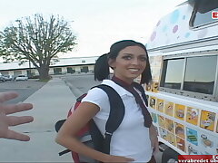 Skinny dark-hued hair school teen entice from the candyman