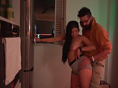 Beauty colombian seducing Cipriani in his kitchen