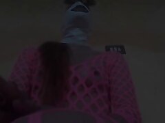 Wearing pink fishnet catsuit and pink platform ankle boots. Harsh suck off