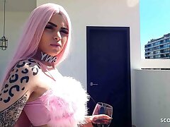 Pinkish Hair German Teenager Cent in Fishnet Stockings Outdoor Romp by elder Guy