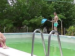 My beau observes me sunbathe while the maintenance boy cleans our pool. My beau pays him a fortune so in addition to cleaning the pool he showcases me his ass