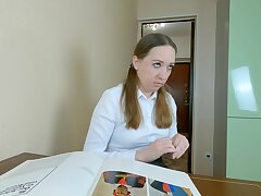 Professional art schoolteacher bangs firm and deep student doll in mouth during private lesson! 4K 60 fps fuck tape