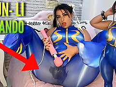 Wondrous costume play damsel dressed as Chun Li from street fighter playing with her htachi vibrator nutting and soaking her undies and pants ahegao