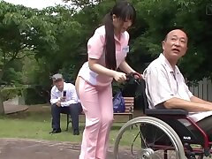 Subtitled weird Chinese half naked caregiver outdoors