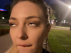 Street pick up of shameless slut. Stranger knead her boobs right in public park.