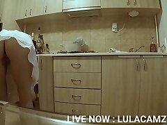 (HIDDEN CAM) Slinking On My Hot Teen StepSister in the Kitchen